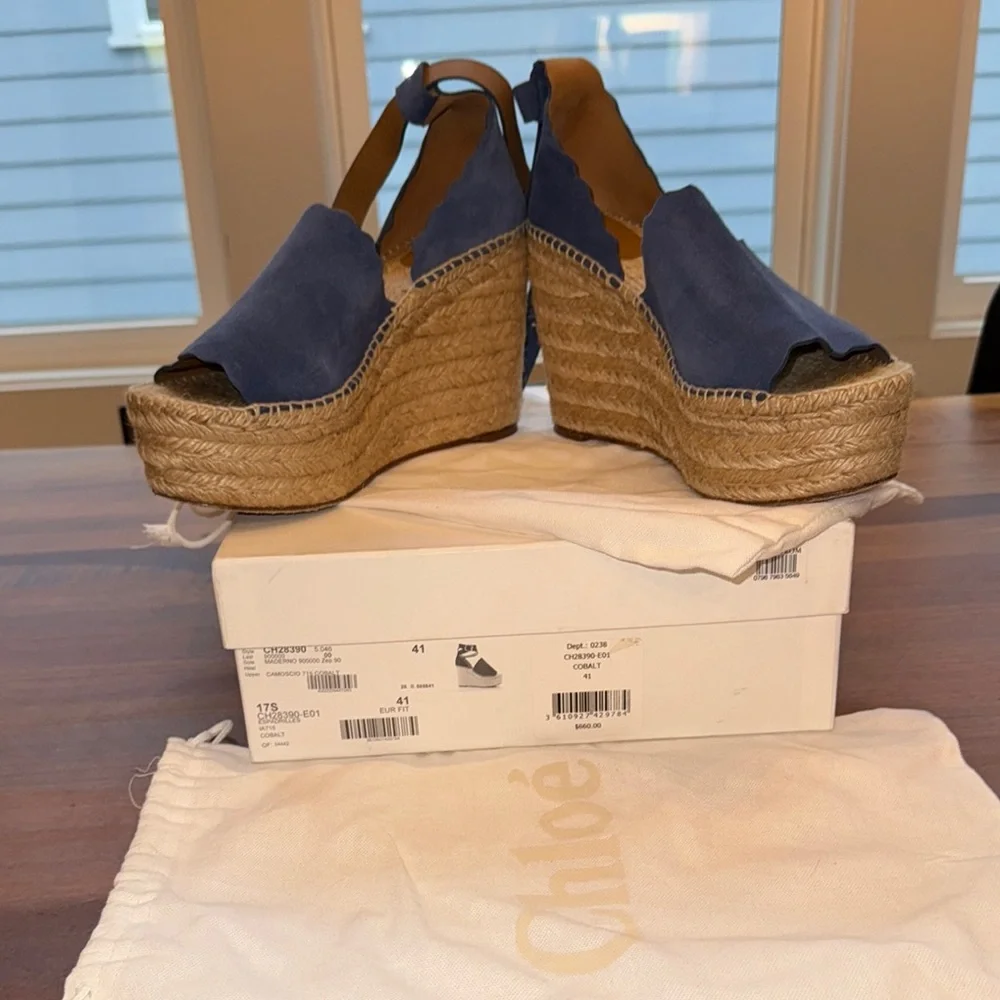 CHLOE - LAUREN ESPADRILLE COBALT SUEDE WEDGE SANDALS - Picture 4 of 7